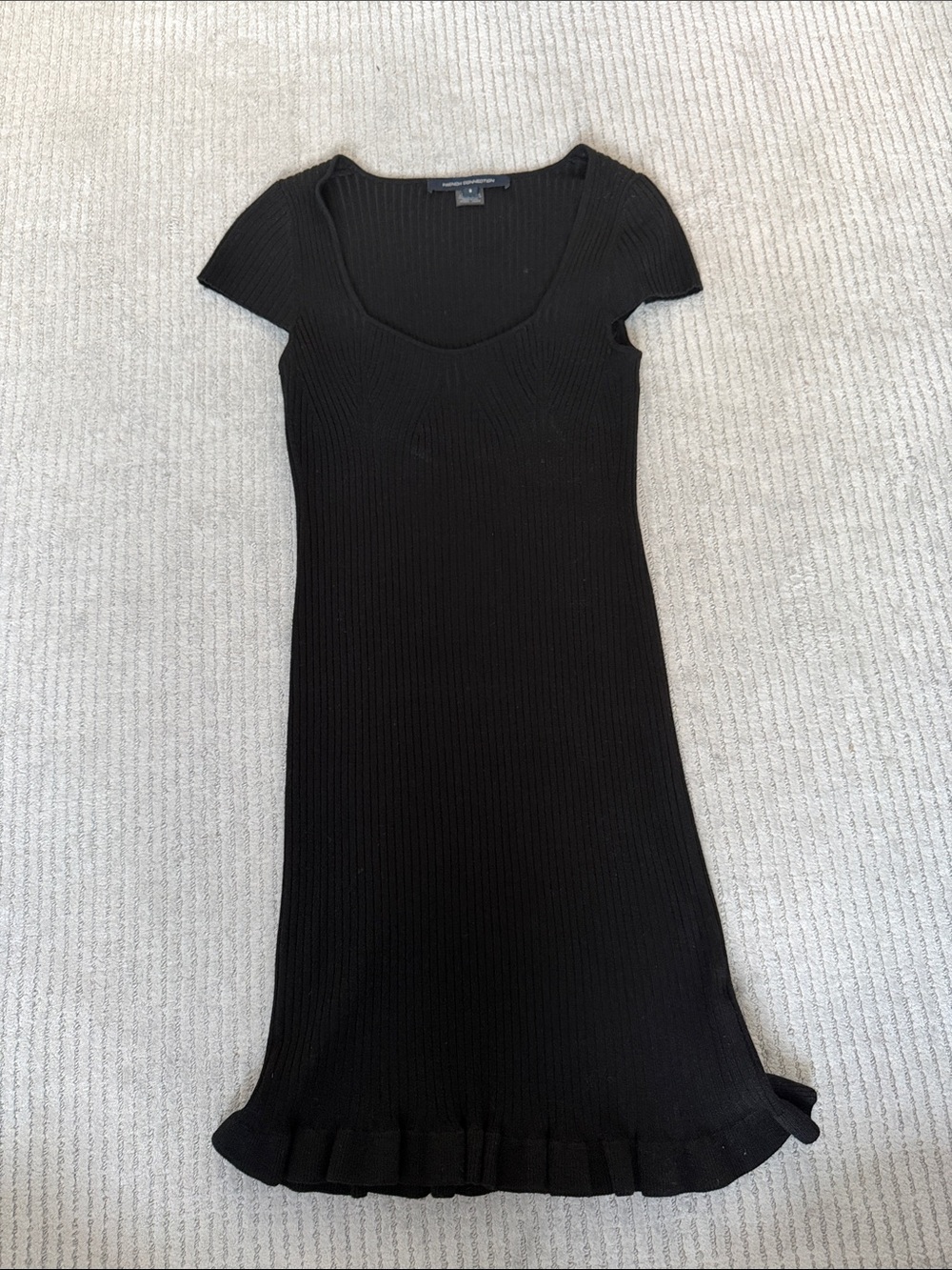 French Connection Black Ribbed Cap Sleeve Dress with Ruffle Hem